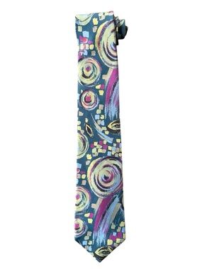 Harve Bénard Abstract Swirl Print Silk Necktie in Teal Green Purple Blue Yellow